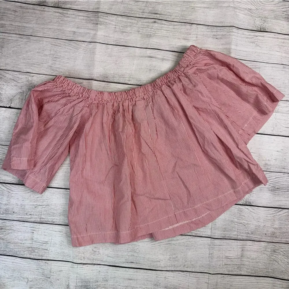 Reformation Women's Red and White Pinstripe Off the Shoulder Top Size XS